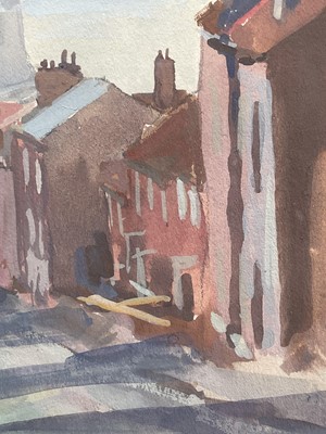 Lot 11 - John Osborne (b. 1939) gouache on paper - Street view, signed, 18cm x 13cm, glazed and framed