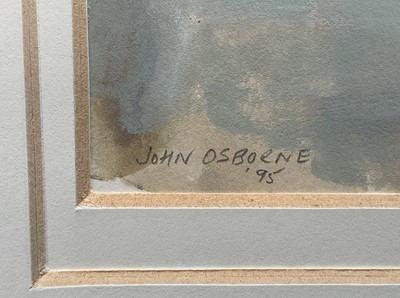 Lot 11 - John Osborne (b. 1939) gouache on paper - Street view, signed, 18cm x 13cm, glazed and framed