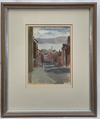Lot 11 - John Osborne (b. 1939) gouache on paper - Street view, signed, 18cm x 13cm, glazed and framed