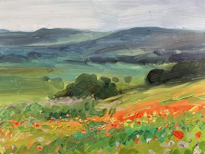 Lot 7 - John Osborne (b. 1939) oil on board - Poppy field, signed, 33cm x 44cm, framed