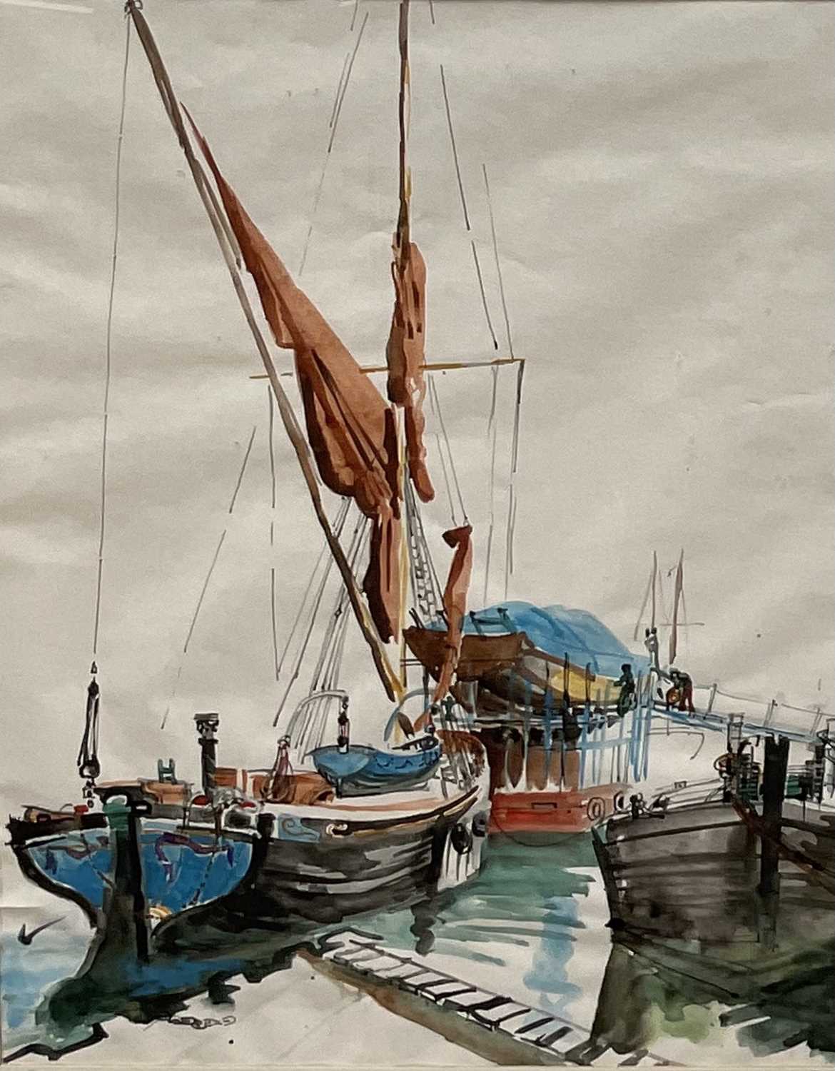 Lot 14 - Tessa Spencer Pryse (b. 1940) watercolour - Maldon Barges, signed and titled, 49cm x 39cm, glazed and framed