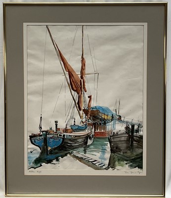 Lot 14 - Tessa Spencer Pryse (b. 1940) watercolour - Maldon Barges, signed and titled, 49cm x 39cm, glazed and framed