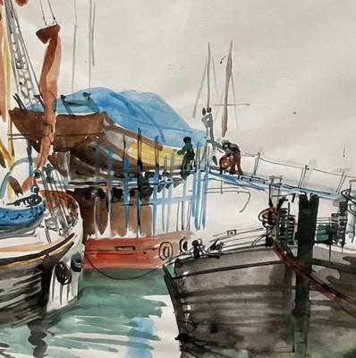 Lot 14 - Tessa Spencer Pryse (b. 1940) watercolour - Maldon Barges, signed and titled, 49cm x 39cm, glazed and framed