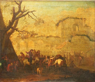 Lot 1243 - Dutch School, 18th century, oil on canvas - Figures gathered, a bridge and town beyond, unframed 89cm x 94cm