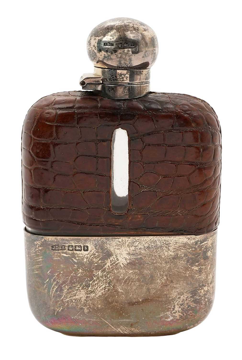 Lot 290 - SIlver and crocodile skin hip flask