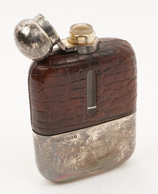 Lot 290 - SIlver and crocodile skin hip flask
