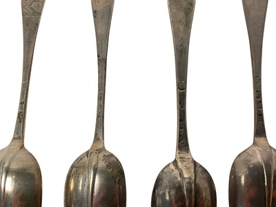 Lot 281 - Four early 18th century silver Hanoverian Rat Tail pattern table spoons