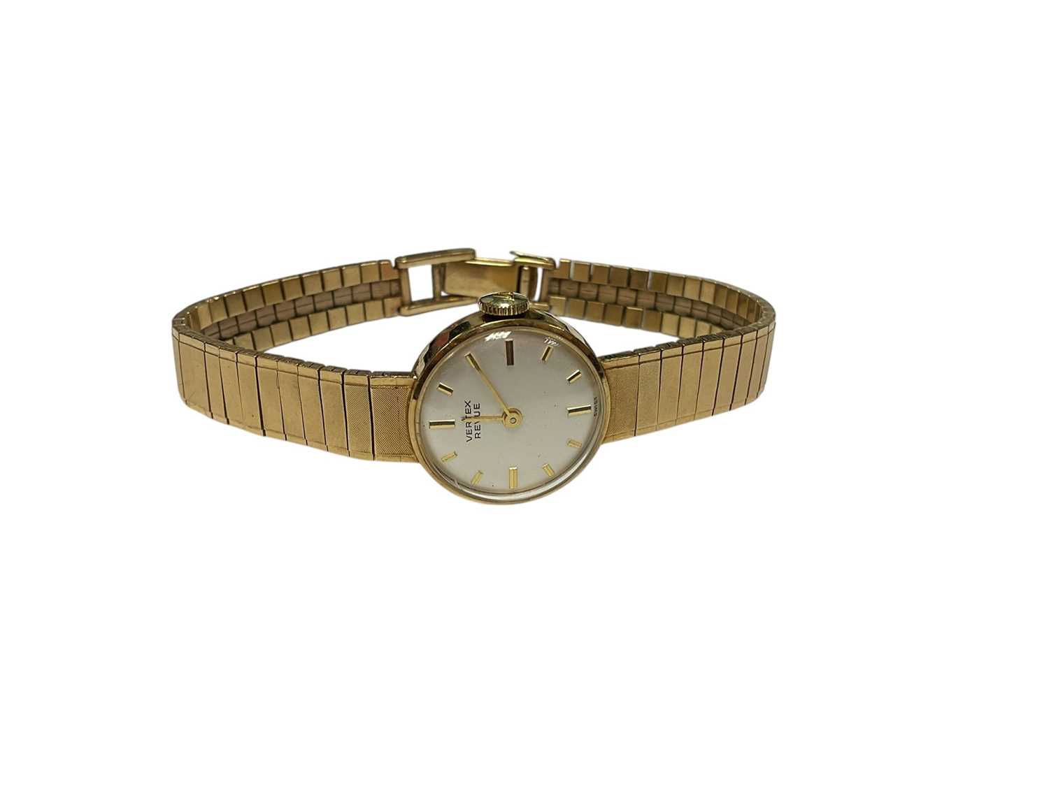 Lot 134 - 9ct gold Vertex Revue ladies wristwatch on an integral 9ct gold bracelet, boxed