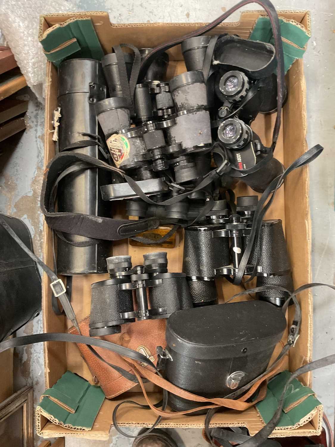 Lot 806 - Two boxes of binoculars and cases including Ross military binoculars and camera