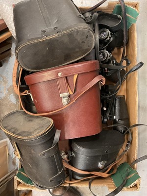 Lot 806 - Two boxes of binoculars and cases including Ross military binoculars and camera