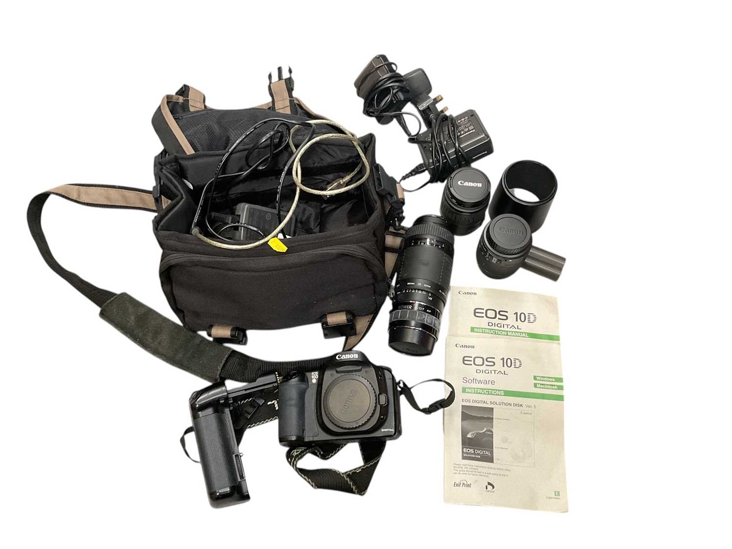 Lot 566 - Canon Eos 10D camera together with lenses, case and other accessories.