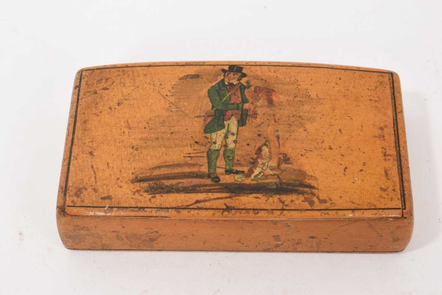 Lot 836 - Victorian Mauchline ware snuff box decorated with a falconer