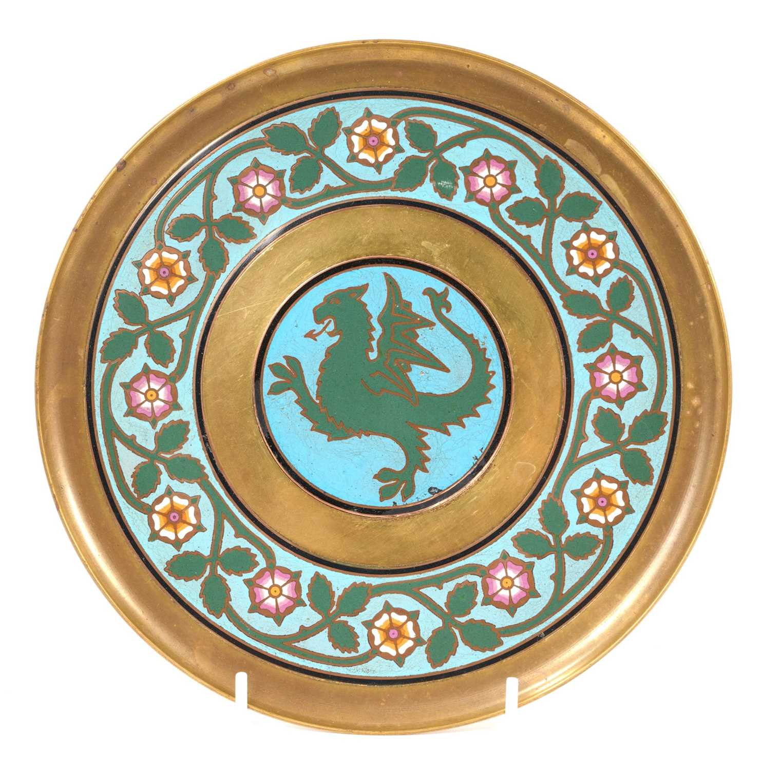 Lot 854 - Unusual Arts and Crafts comport / tazza with enamelled rose border