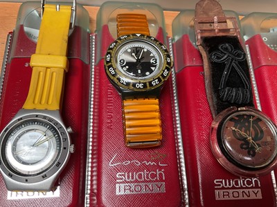 Lot 9 - Group of Swatch watches including cases including a stainless steel 'Irony' chronograph, together with other wristwatches