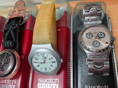 Lot 9 - Group of Swatch watches including cases including a stainless steel 'Irony' chronograph, together with other wristwatches