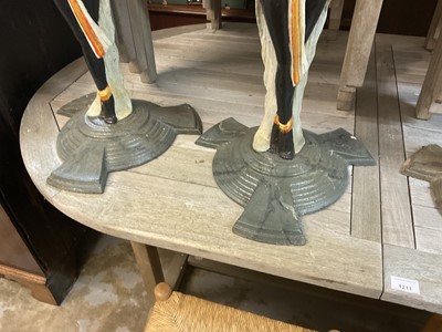Lot 918 - Pair of Art Deco style cast iron table pedestals, with Egyptian figural supports on stepped spread base, 71cm high