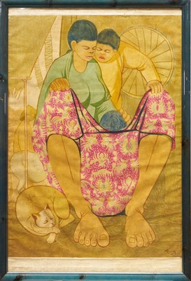 Lot 1429 - Chuah Thean Teng (Chinese/Malaysian, 1912/14-2008) batik print - Mother and child, signed, 88cm x 64cm, glazed frame