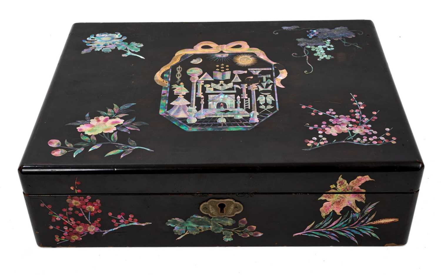 Lot 804 - Rare 19th century black papier mâché and abalone inlaid box of Masonic interest