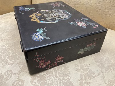 Lot 804 - Rare 19th century black papier mâché and abalone inlaid box of Masonic interest