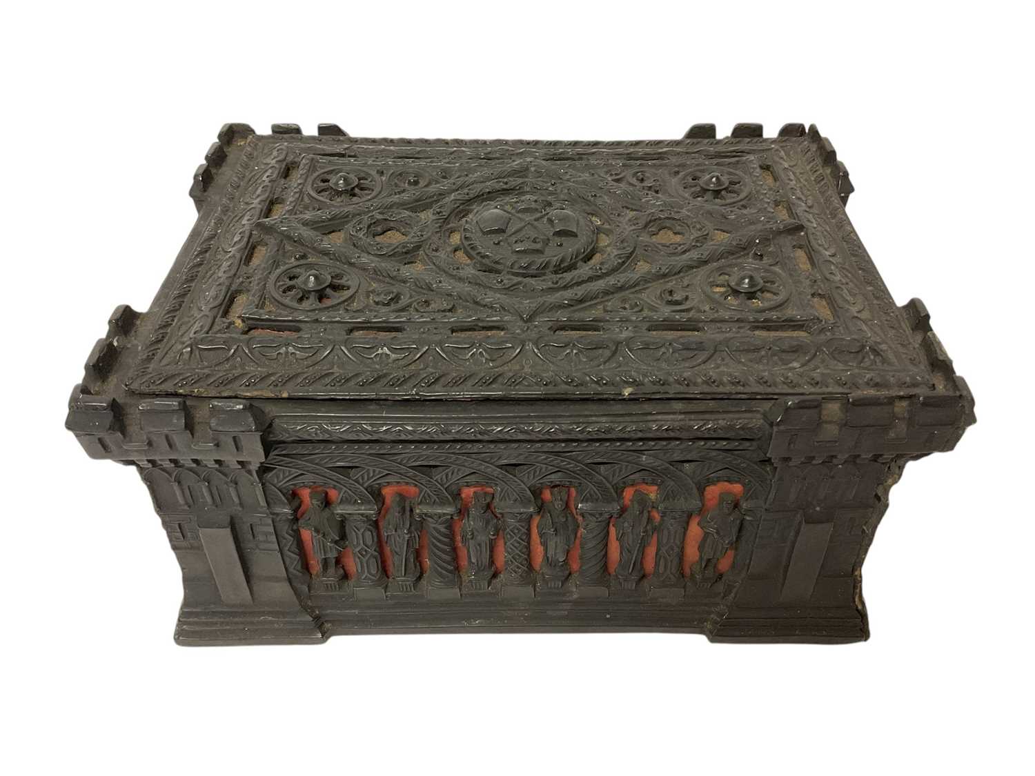 Lot 805 - Mid 19th century Jaques castellated Carton Pierre chess set box