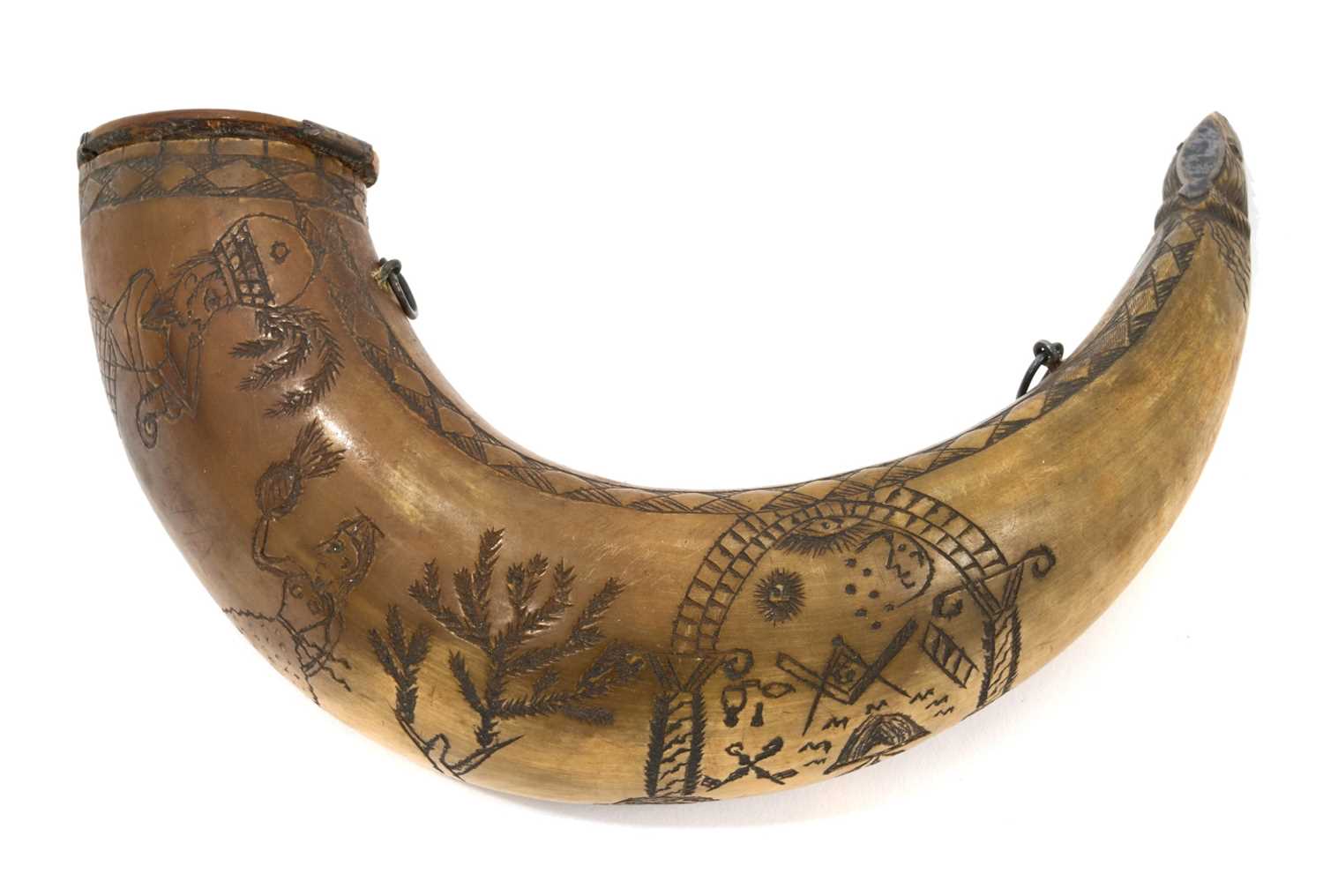 Lot 806 - Rare 19th century Masonic carved powder horn