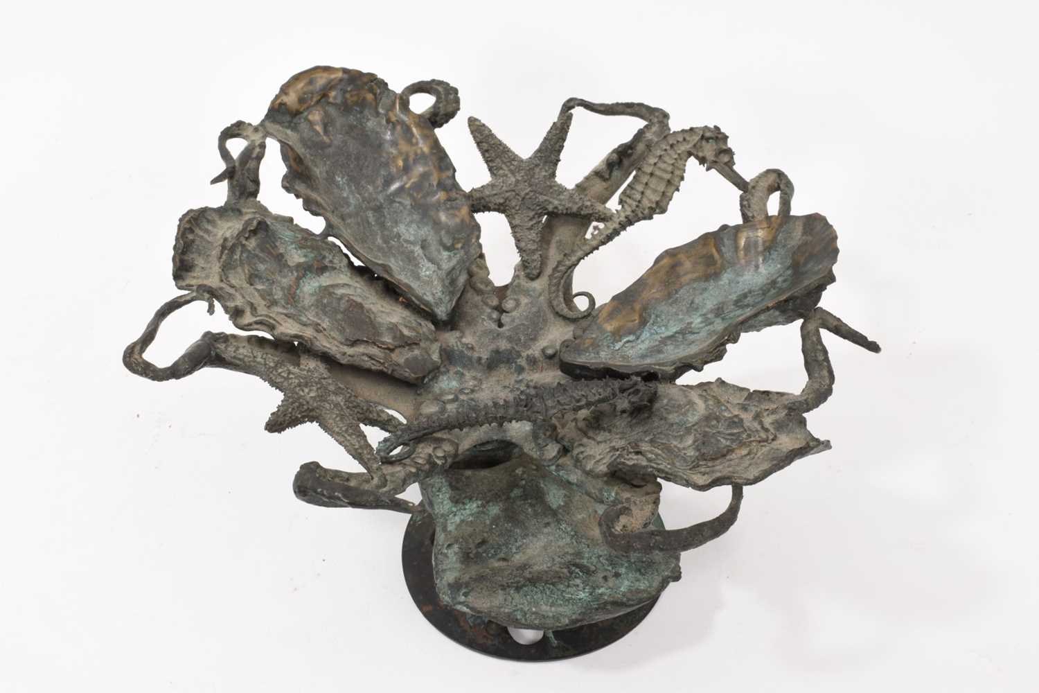 Lot 816 - Contemporary bronze oyster and sea life themed sculptural dish, one seahorse detached, 25cm diameter