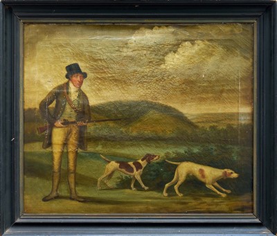 Lot 980 - English Naive School, early 19th century, oil on canvas - A Sportsman and his dogs, indistinctly inscribed and dated 1813 to the stretcher