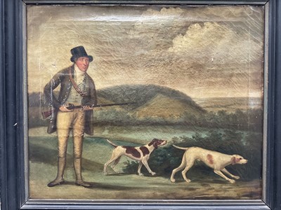 Lot 980 - English Naive School, early 19th century, oil on canvas - A Sportsman and his dogs, indistinctly inscribed and dated 1813 to the stretcher