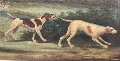 Lot 980 - English Naive School, early 19th century, oil on canvas - A Sportsman and his dogs, indistinctly inscribed and dated 1813 to the stretcher