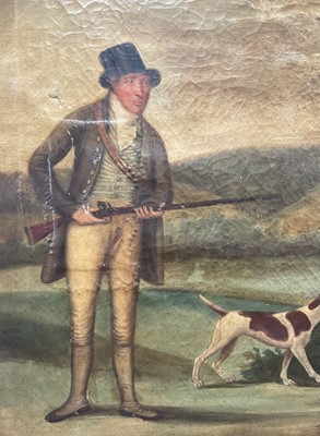 Lot 980 - English Naive School, early 19th century, oil on canvas - A Sportsman and his dogs, indistinctly inscribed and dated 1813 to the stretcher
