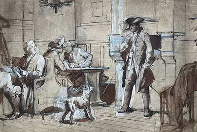Lot 1242 - Andrew Carrick Gow (1848-1920) pen, wash and bodycolour - a sketch for a tavern scene, 40cm x 57cm, in glazed frame