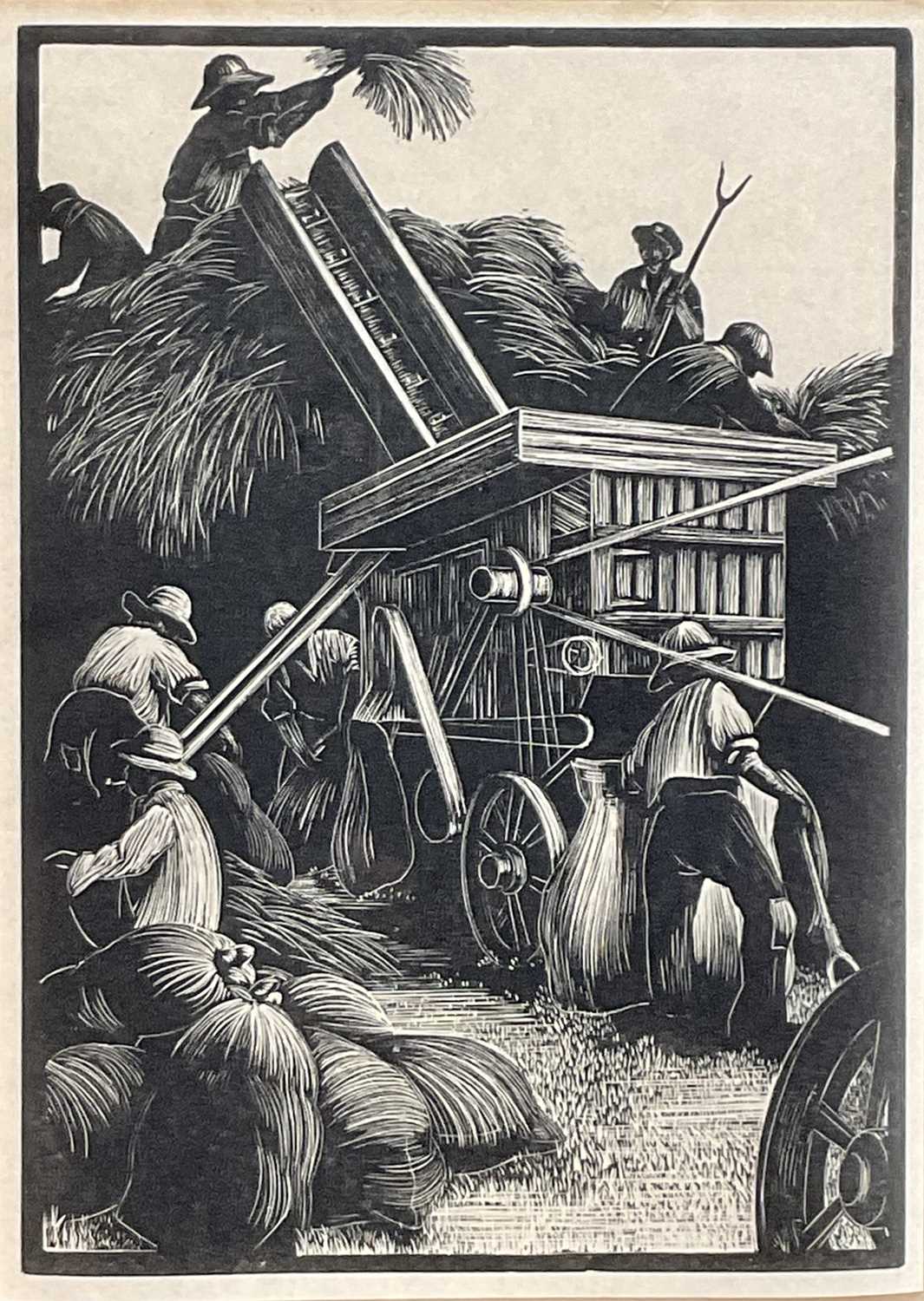 Lot 1 - Clare Leighton (1898-1989) wood engraving - 'Threshing', 17cm x 12cm, gallery label verso, 'Commissioned for The Forum', in glazed frame