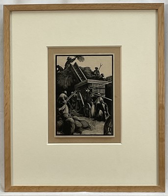 Lot 1 - Clare Leighton (1898-1989) wood engraving - 'Threshing', 17cm x 12cm, gallery label verso, 'Commissioned for The Forum', in glazed frame