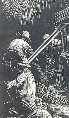 Lot 1 - Clare Leighton (1898-1989) wood engraving - 'Threshing', 17cm x 12cm, gallery label verso, 'Commissioned for The Forum', in glazed frame