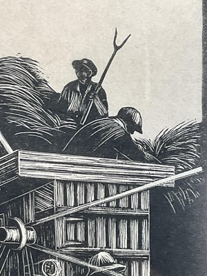 Lot 1 - Clare Leighton (1898-1989) wood engraving - 'Threshing', 17cm x 12cm, gallery label verso, 'Commissioned for The Forum', in glazed frame