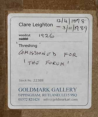 Lot 1 - Clare Leighton (1898-1989) wood engraving - 'Threshing', 17cm x 12cm, gallery label verso, 'Commissioned for The Forum', in glazed frame