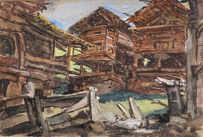 Lot 290 - Estelle Canziani (1867-1964) watercolour- Old wooden chalets at Hauderes 1937, with original Abbott and Holder catalogue 1978