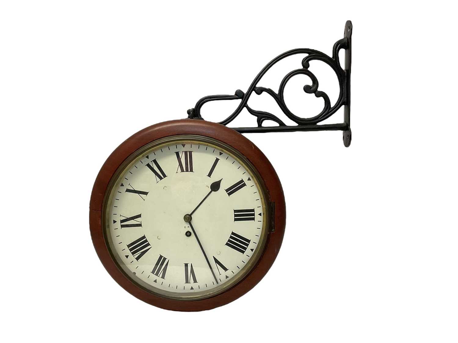 Lot 738 - Victorian-style shops double sided hanging wall clock with fusee movement and alloy scroll bracket