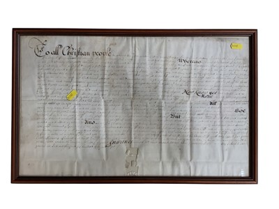 Lot 1163 - Mid-17th Century document in glazed frame, and lot Colchester related framed documents including the Sun fire Insurance Company