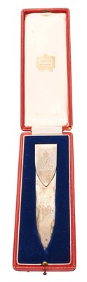 Lot 2 - H.M. Queen Elizabeth The Queen Mother, fine Cartier silver presentation bookmark in fitted case