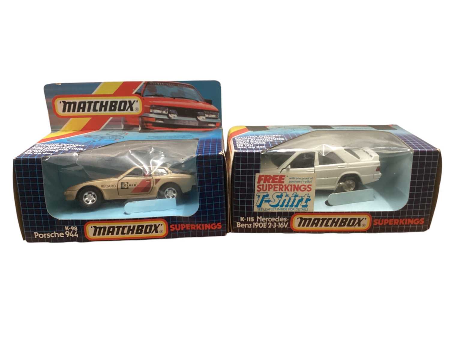 Lot 1744 - Matchbox Superkings Porche 944 No.K-98, Mercedes Benz 190E 2.3 16V No. K-115, plus Specials Kremer Porche CK5 Turbo No.SP2 & Martini Lancia Rally No..SP6, all in window boxes (6)