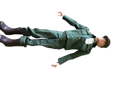 Lot 1998 - Original Action man 1960's painted yelllow hair in original outfit with dog tag, boots amd hat. 1970's brown flock hair talking Action man in clothing. French Resistance Fighter outfit and acc...