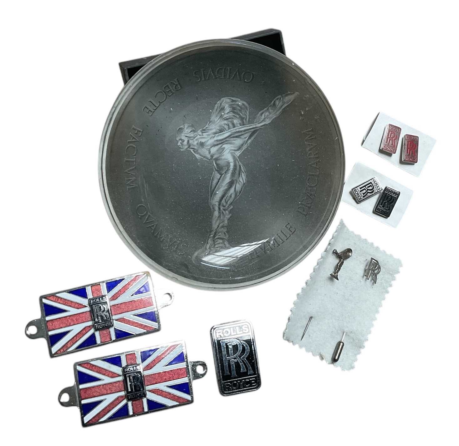Lot 9 - Collection of Rolls-Royce promotional items to include a glass pin dish, pair of Union Jack enamel badges, stick pins and other items.