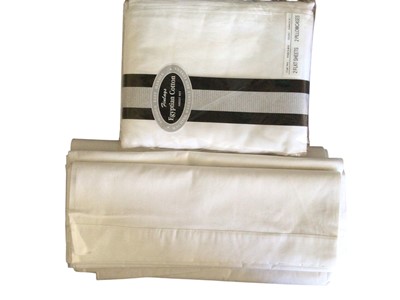 Lot 2064 - Quantity of vintage unused packaged and unpackaged quality cotton sheets plus some boxed embroidered pillowcases and a boxed Irish linen damask cloth.