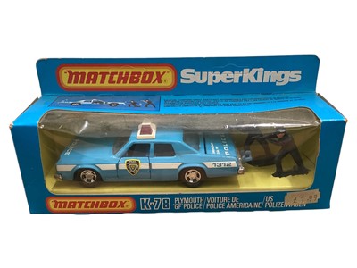 Lot 1743 - Matchbox SuperKings Plymouth Grand Fury (GP) New York City Police Car (Black & Blue versions) No.K-78, Dodge Polizei Van No.K-99 & Range Rover Police with Motorcyclists No.K-97, all in w...
