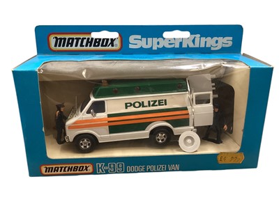 Lot 1743 - Matchbox SuperKings Plymouth Grand Fury (GP) New York City Police Car (Black & Blue versions) No.K-78, Dodge Polizei Van No.K-99 & Range Rover Police with Motorcyclists No.K-97, all in w...