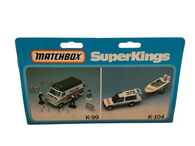Lot 1743 - Matchbox SuperKings Plymouth Grand Fury (GP) New York City Police Car (Black & Blue versions) No.K-78, Dodge Polizei Van No.K-99 & Range Rover Police with Motorcyclists No.K-97, all in w...