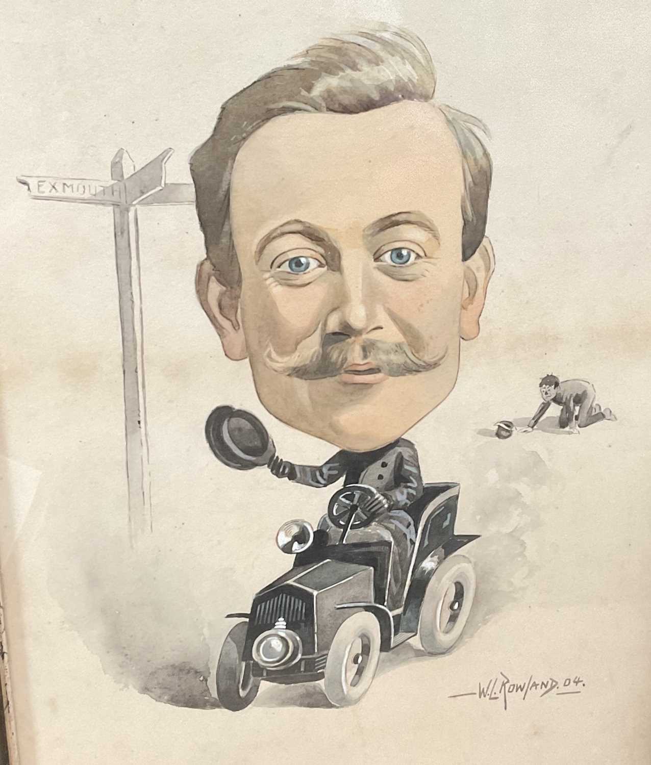 Lot 17 - W. L. Rowland, Edwardian watercolour caricature / cartoon of a speeding motorist beside a sign for Exmouth, signed and dated 1904, in glazed frame,...