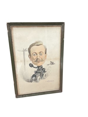 Lot 17 - W. L. Rowland, Edwardian watercolour caricature / cartoon of a speeding motorist beside a sign for Exmouth, signed and dated 1904, in glazed frame,...