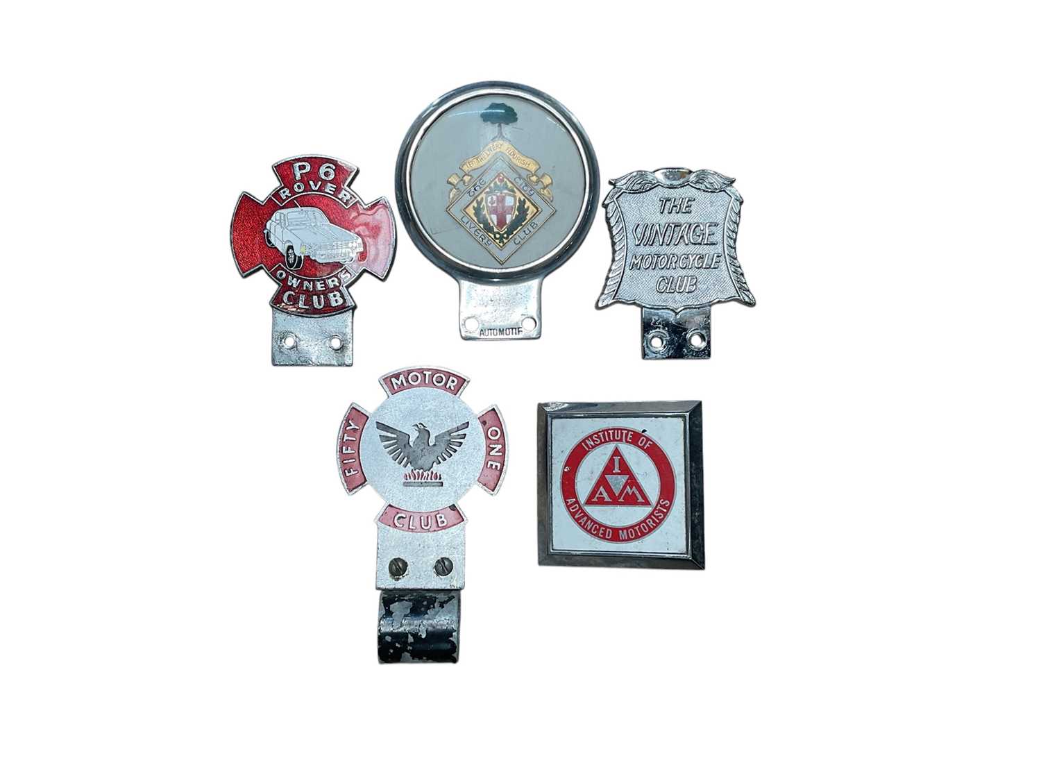 Lot 23 - Group of five various vintage car badges to include Rover P6 Owners Club, Institute of Advanced Motorists and Vintage Motorcycle Club (5).